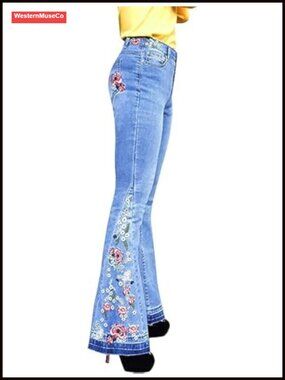 High Rise Flared Embroidered Bell Bottom Jeans Stretch Denim